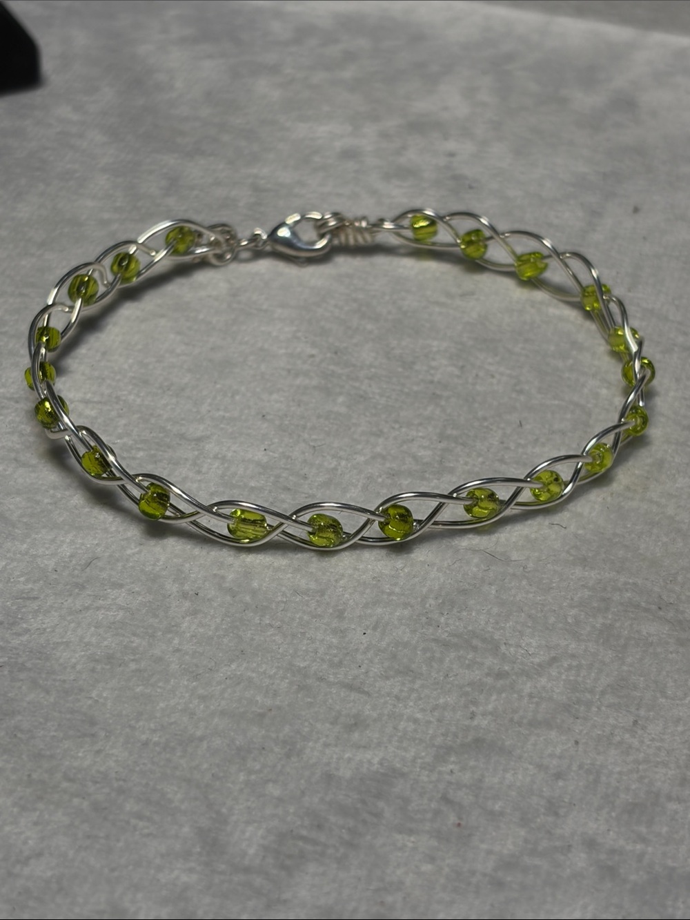 Handmade Silver Twist Bracelet with Lime Green Beads